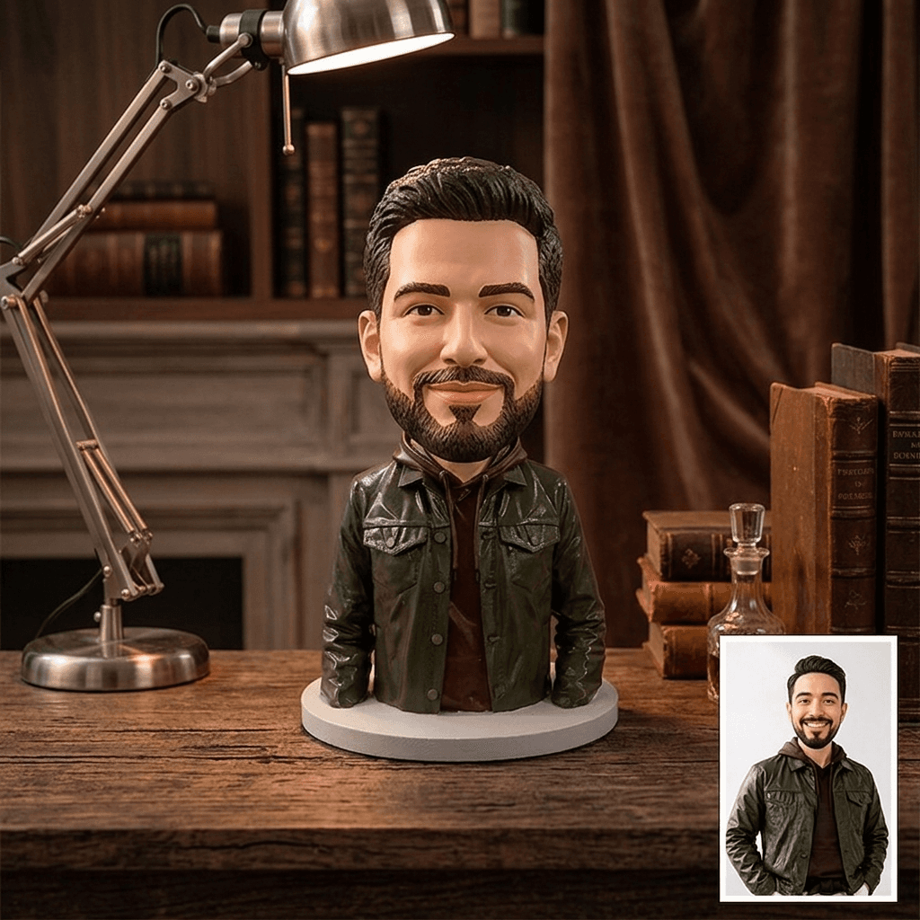 A custom 3D-printed miniature of a bearded man in a green jacket, beside the photo it was made from