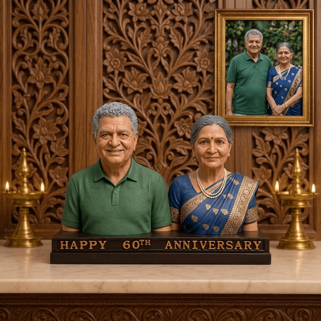 Custom 3D-printed miniatures of an older couple on a single engraved base