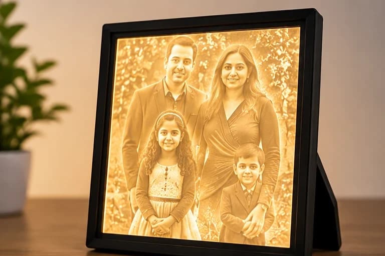 A custom lithoframe glowing warm with a family photo